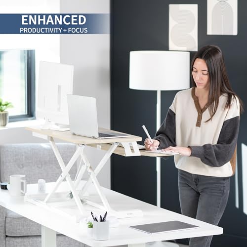 Image of VIVO 32 inch Desk Converter, K Series, Height Adjustable Sit to Stand Riser, Dual Monitor and Laptop Workstation with Wide Keyboard Tray, Light Wood Top, White Frame, DESK-V000KF