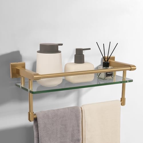 Bathroom Glass Shelf Brushed Gold Finish with Towel Rack, SUS304 Stainless Steel, 16-inch Tempered Glass Shelves for Wall