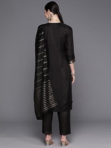 Image of INDO ERA Women's Silk Blend Embroidered Straight Kurta With Pant & Dupatta Set (KH9BK7270)