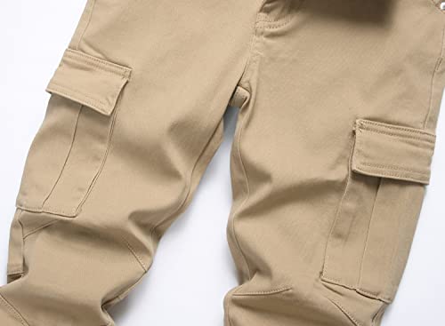Boy's Khaki Cargo Pants Classic Elastic Waist Straight Leg Multi-Pockets Stretch Comfy Kids Pants,221-9,8 #TOP3