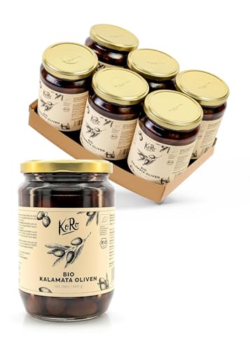 KoRo - Schwarze Bio Kalamata Oliven 6 x 400 g - Mit Stein - Ohne künstliche Färbungsmittel -  In Salzlake aus Wasser, Essig und Meersalz
