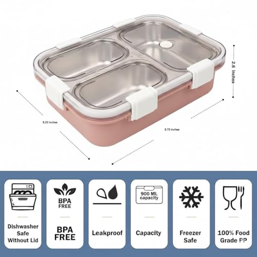 Image of Sanghariyat 3 Compartment Lunch Box Insulated Air Tight and Portable Utensils, Stainless Steel 100% Leak Proof Lunch Containers with Fork Spoon and a Pair of Chopsticks for School Kids -750Ml (Pink)