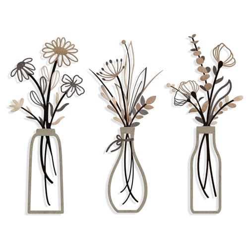 Pigort 3 Pieces Metal Flowers Wall Arts - Rustic Farmhouse Style Décor Metal Wall Art Black Minimalist Flower Natural Themed Wall Decors for Home Bedroom Dining Room Housewarming (Brown)