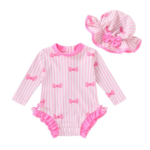 Image of Infant Baby Swimsuit Girl Long Sleeve UPF 50+ Sun Protection One-Piece Rash Guard with Hat Zipper Bathing Suit