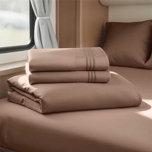 Image of Nestl Chocolate Brown Short Queen Sheets for RV, Hotel Luxury RV Queen Sheets Set, 4 Piece Fitted Bed Sheet Set and Pillowcases, Super Soft, Wrinkle-Free, and Breathable Camper Bedding