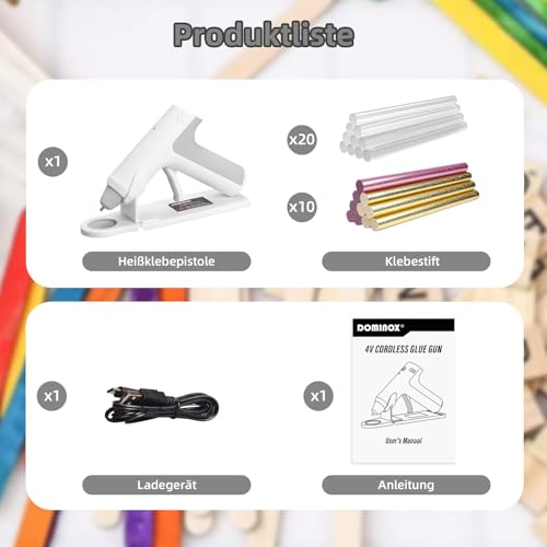 DOMINOX Akku Heißklebepistole, Klebepistole mit 30 Heißklebestift und 2000mAh Akku, 25s Schnelle Vorwärmung, Heißklebepistole Kabellos für Kunst, Handwerk, DIY, Hausreparaturen, Weiß