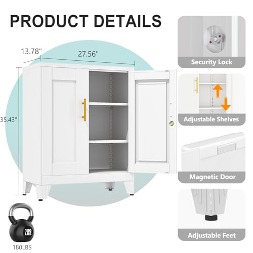 Image of pozdeg 35.43 inch Lockable Metal Storage Cabinet, Steel Office Locker, White | File Cabinet with 2 Doors and 2 Adjustable Shelves, Rolling Steel Tool Garage Cabinets for Home Office