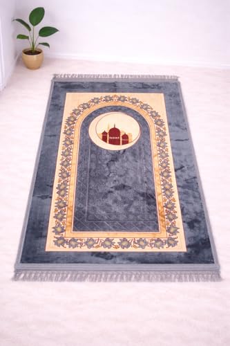 Image of Janamaz Prayer Mat Turkey Soft Velvet | Namaz Mat, Janimaz Namaz Aasan, Islamic Prayer Rug for Salah | 70x110 CM (Printed Grey2)