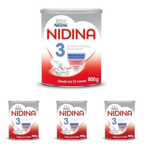 Nestlé NIDINA Leche De Crecimiento 3 para bebés a partir de 1 año Partir De Los 12 Meses. Bote de 800g (Paquete de 4)