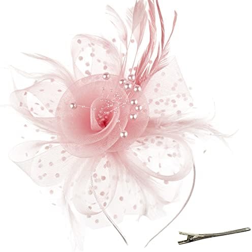 DRESHOW Fascinators Hat Flower Mesh Ribbons Feathers on a Headband and a Clip Tea Party Headwear for Girls and Women