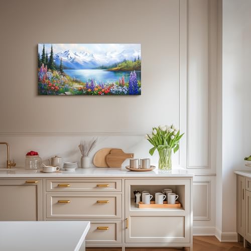 crmotu Lakeside Landscape Wall Art, Nature Wilderness Large Wall Decor, Mountain Tree Wildflowers Scenery Paintings, Cottagecore Canvas Pictures for Living Room Bedroom Farmhouse Art Prints 20x40 Inch