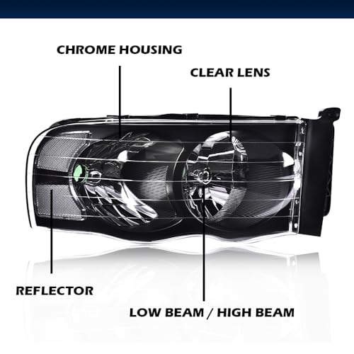 Image of GRAND ORANGE Headlight Assembly Compatible with 2002-2005 Dodge Ram 1500 /2003-2005 Dodge Ram 2500 3500 Clear Lens /Amber Corner Black Housing 55077121AF 55077120AF 55077121AG 55077120AG