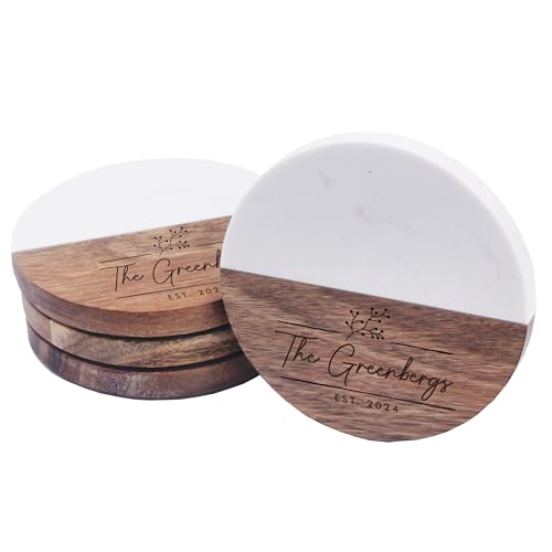 The Wedding Party Store Custom Personalized Marble, Slate and Acacia Bar Coasters for Drinks, Wedding Gift for Couples (Round Marble and Acacia)