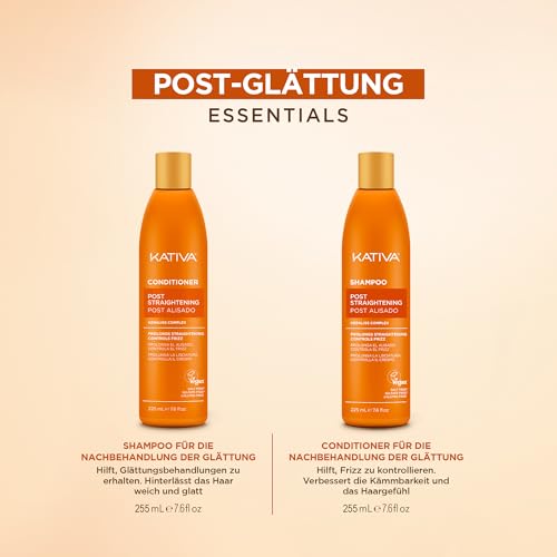 KATIVA Brasilianische After-Glättungs-Behandlung, Shampoo und Conditioner, verlängert die Glättung um 50%, Antifrizz, 2 Stück, 225 ml, mit pflanzlichem Keratin und Hyaluronsäure