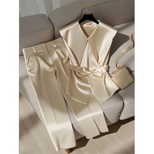 Alloaone Women's Beige Satin Two Piece Set - Elegant Sleeveless Vest and High Waist Wide Leg Pants for Effortless Summer Style - Image 4