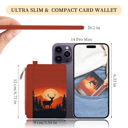 Image of Hancynir Sunset Deer Slim Wallet Women Credit Card Holder, Small RFID | Zipper Pocket Wallet, Thin Travel Coin Purse, PU Leather, Minimalist Card Case, 6 Card Slots, ID Window, Ladies Women Gifts
