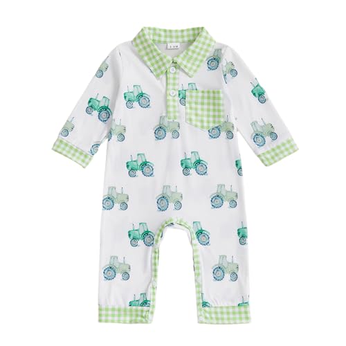 Infant Fall Outfit Newborn Baby Boy One Piece Clothes Polo Collar Farm Tractor Long Sleeve Romper Jumpsuit (Green, 9-12 Months)