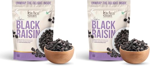 Image of KitchenSmith Afghani Seedless Black Raisin - 500gm | Draksh, Kaali Dakh & Kali Kishmish Raisins | Naturally Sourced, Dried & Sweet Dry Fruits (Air Tight Pouch) (Pack of 2)