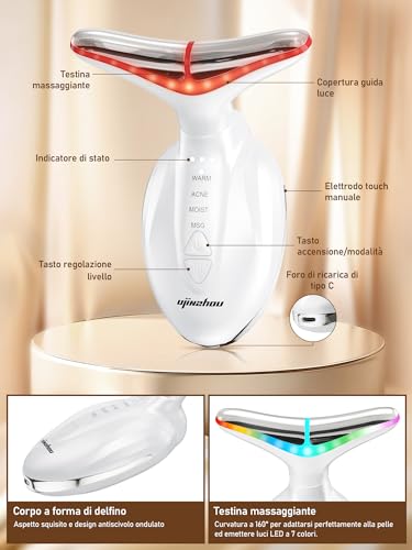 Massaggiatore Viso Lifting Antirughe Elettrico: Dispositivo di Bellezza con 4 Modi 7 Colori LED - Face Massager a 45°C con Microcorrente per Rughe - Massaggio Viso EMS Gua Sha Rassodante Viso e Collo - 6