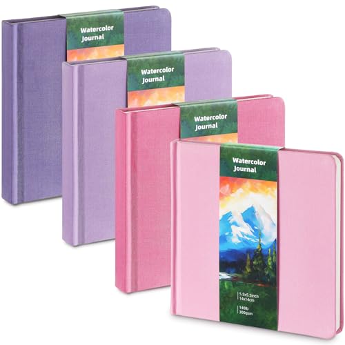 Mooliwe 4 cuadernos de dibujo de papel de acuarela de 5.5 x 5.5 pulgadas, diario de viaje de acuarela de 300 g/m², papel de algodón de prensa en frío, 48 páginas, papeles de dibujo, blocs de papel de