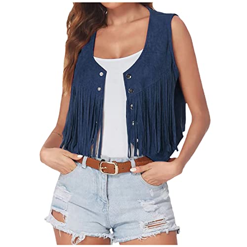 Womens Vintage Western Fringe Vest Tops Classic 70s Cowboy Solid Mini Shirt Sleeveless Tassels Short Cardigan Jackets