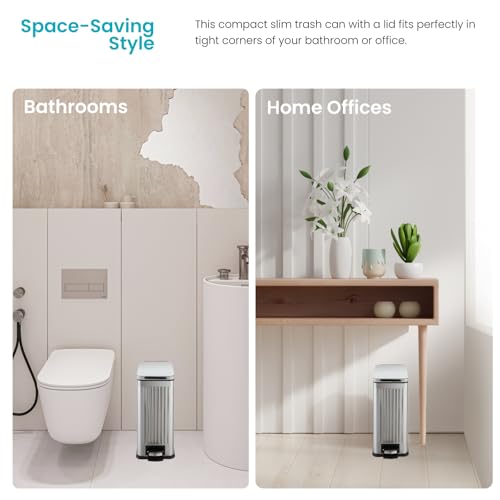 Image of Home Zone Living 3 Gallon Small Trash Can with a Step Pedal Lid | Stainless Steel with Slim Fit Design, Soft-Close Lid for Offices, Bathrooms, Bedrooms and Dorms, Reeded Style Finish, Silver