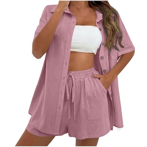 Women's Spring and Summer Short Set, Sets Cotton Linen Blouse Cardigan Top Elastic Waist Tie Pocket Shorts, Fashion Casual (pink,m)