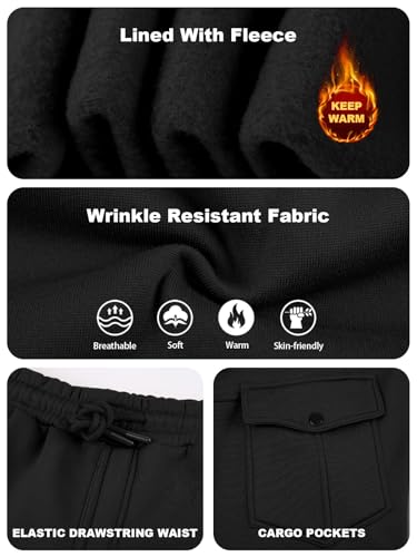 TAFLE Mens Fleece Lined Sweatpants Warm Winter Athletic Jogger Pants with 6 Pockets Drawstring Outdoor Trousers Black