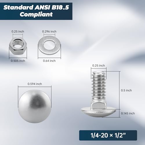 Image of 1 /4-20 x 1 /2 Inch Carriage Bolt Kit, 304 Stainless Steel (18-8) with Hex Nuts & Flat Washers - 20 Sets, Round Head Square Neck, Full Thread Coverage by Glvaner