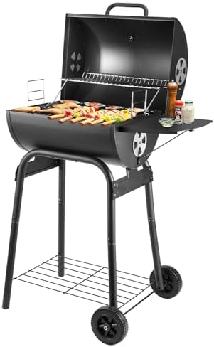 Holzkohlegrill - Holzkohle Grillwagen mit Deckel | Grillgriff, Grillrost und Thermometer, Holzkohlegrill groß – Grillwagen mit Deckel, BBQ Gartengrill Holzkohle Schwarz