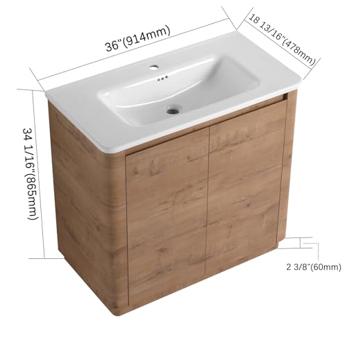 Image of 36 inch Bathroom Vanity with Ceramic Sink, Freestanding Bathroom Vanity with 2-Soft-Close Door, Soft-Closing Hinges & Hidden Handles for Home, Farmhouse, Easy to Clean Design, Imitative Oak
