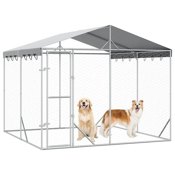 Hommdiy Hundezwinger Outdoor Große mit Dach,Hundekäfig Hundehaus für große Hunde, Hundehütte Silbern 3x3x2,5m Verzinkter Stahl
