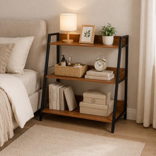 Image of Ladder Shelf, 3 Tier Bookshelf, Small Bookshelf for Small Spaces, Wood and Metal Bookcase, Ladder Bookshelf, Modern Storage Shelf for Living Room and Office (Black, Ladder)