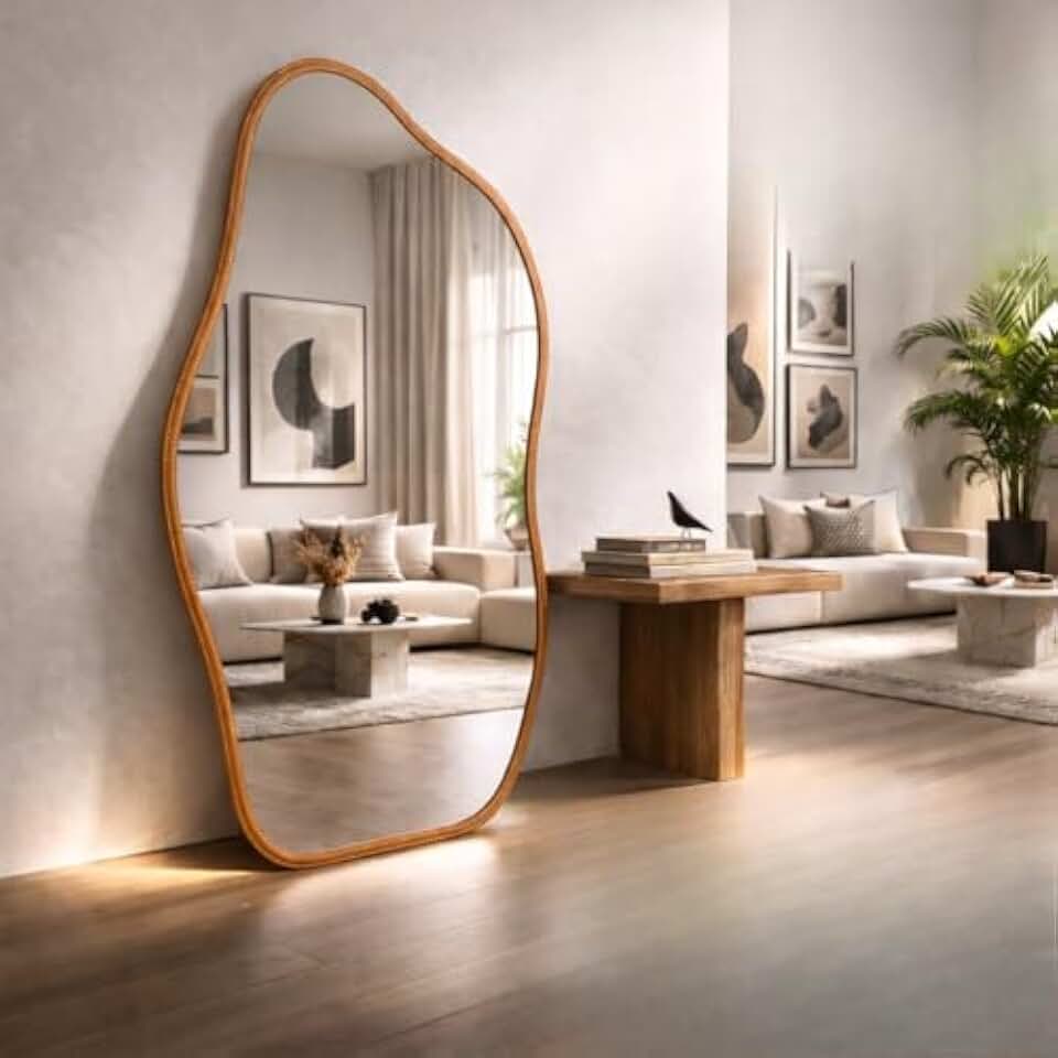 Espelho moldura couro formato orgânico 120x50cm espelho decorativo para sala quarto banheiro com suporte de fixação na parede (Caramelo,80x40)