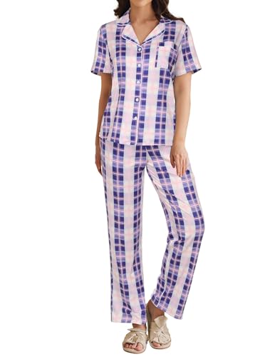 Image of Ekouaer Womens Pajamas Set Short Sleeve Button Down Top & Pants Lounge Pjs | Soft Sleepwear with long pants, ideal for Home relaxation, Wedding, Party, Daily Wear & Breastfeeding