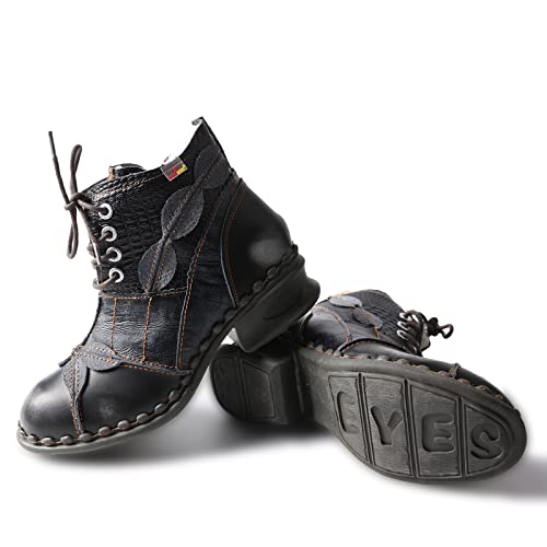 TMA EYES Textured Leather Patchwork Washed Leather Lace-Up Women's Ankle boots3
