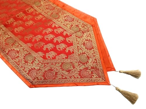 Image of Diwali Room Decor Silk Table Runner Placemats Tea Coaster Set for Living Room 4 to 6 Seater Dinning Table Table Mat Set Centre Table Top Decor Pack of 13 Pcs (Orange)