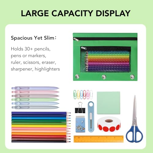 Image of Pencil Pouch for 3 Ring Binder, Heavy Duty Canvas Dual Zipper Pen Bag with Clear Window, Smooth Metal Zipper, Fit Standard 3-Ring Binders for School Office Travel Supplies (Green)