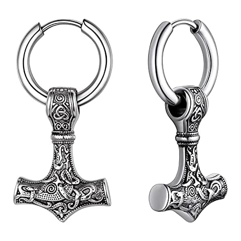 FaithHeart Mens Viking Earring Antique Thors Hammer Ear Drop Huggie Hoop Jewellery Norse Mjolnir Earrings for Boys Man Stainless Steel Cover