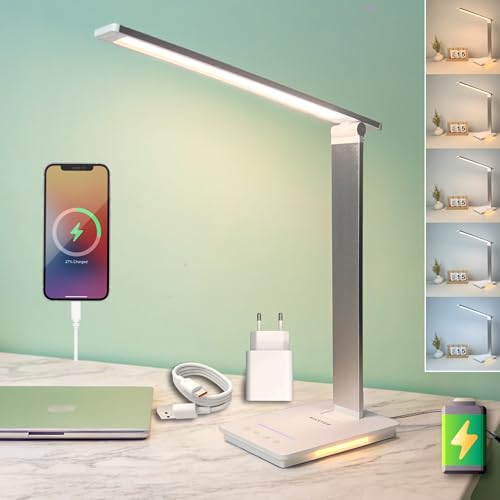 Maxter Lampara Escritorio LED Inalámbrica con BATERÍA Recargable - Flexo LED Escritorio Regulable (6W, 550 lumen, Puerto USB, 5 Niveles de Brillo y 5 de Color, Temporizador 30 min, Luz Lectura)
