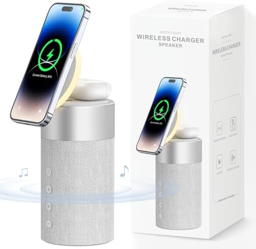 COLSUR Bluetooth Speaker, Magnetic Wireless Charger, Bluetooth Speakers with Night Light, 2 in 1 Wireless Charging Station for iPhone 17/16/15/14/13/12 Series, AirPods Pro 2/4/3/2（Gift Ideal）(Gray)
