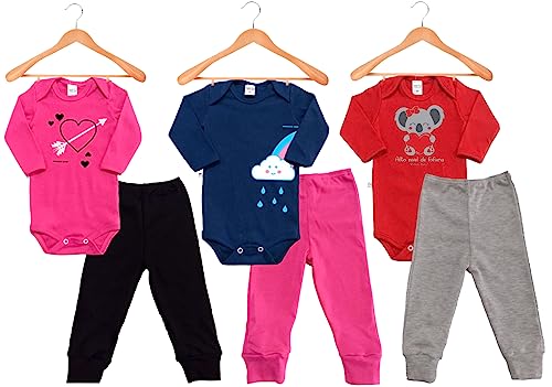 Kit Roupa de Bebe 6 Peças Body Manga Longa e Calça Mijão 100% Algodão fio 30 penteado Premium Menino