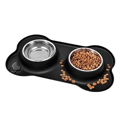 yoka Dog Bowls Non Slip Stainless Steel Double Bowl with Non-Spill Silicone Mats Tray for Cats Dogs Puppies Food Water Feeding (14oz /400ml Each Bowl, Black)