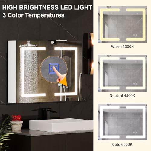 Snughome Bathroom Medicine Cabinet with Mirror and LED Lights, Wall Mount Bathroom Mirror with Storage, Anti-Fog, Built-in Power Outlets, Dimmable 3 Color Temp, Antirust Easy to Install, 31.5" x 23.6" by Snughome - Used condition - Image 2