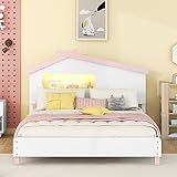 MERITLINE Full Size Bed Frame Wood Platform Bed with House-Shaped Headboard and Motion Activated Night Lights, No Box Spring Needed (White+Pink)