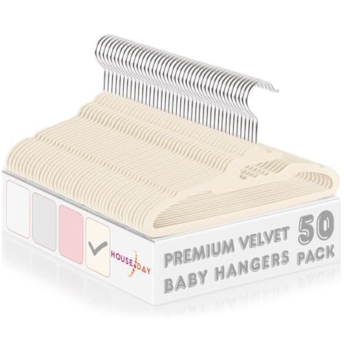Image of HOUSE DAY Premium Baby Velvet Hangers 50 Pack for Kids, Non Slip Infant Clothes Hangers for Closet, 11 Inch Children's Hanger Space Saving on Baby Organization, Ivory