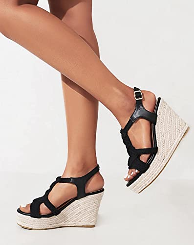 Image of Women's Woven Espadrille Wedge Sandals Bohemian Braided Open Toe Summer Shoes with Adjustable Strap 3.9 inch Platform Heel for Wide Feet, Comfortable Walking