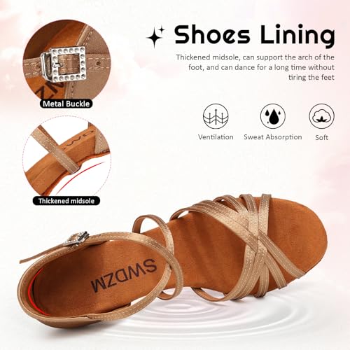 Swdzm S-227-BROWN-7-40 Women'S Satin Latin Dance Shoes Ballroom Salsa Waltz Performance Practice Dancing Shoes,Beige,8.5 Us thumb #3