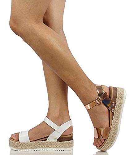 Ecolley White Sandals for Women Flat Leather Fashion 2019 Comfortable Espadrille Platform Size 41