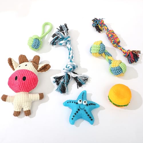 Funfy Set 7 giochi per cuccioli – giochi da masticare per dentizione con corde, osso per cani, palline, burger, stella marina e giochi sonori per cani piccoli e medi